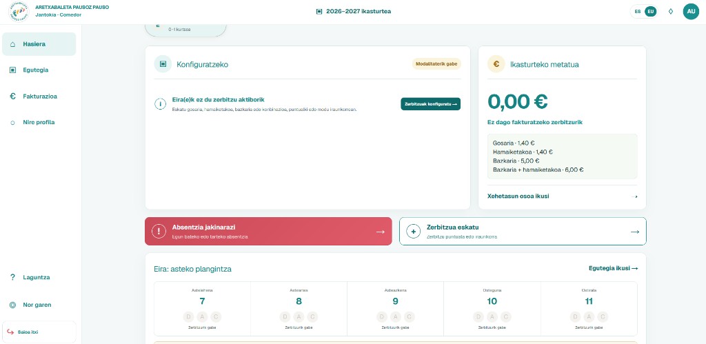 Pantalla de inicio del portal familiar